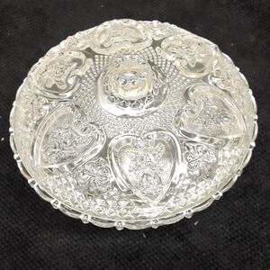 Vintage KIG Malaysia Depression Style 5"Glass Candy Nut Dish w Lid Rose & Heart.